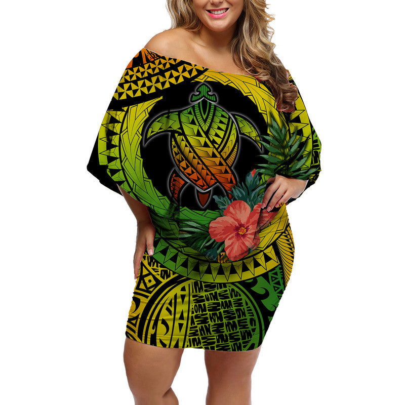 Off-shoulder short dress with turtle and hibiscus print, green yellow black