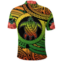 Turtle graphic polo shirt with tropical leaf and floral print, short sleeves, back view.