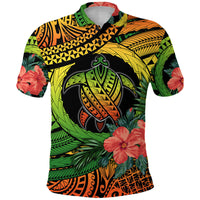 Turtle graphic polo shirt with tropical floral print, short sleeves, button-up collar.