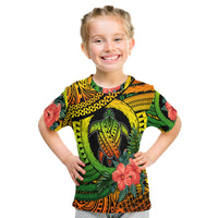 Kids turtle graphic T-shirt with hibiscus flowers, green yellow black and orange