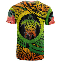 Kids turtle graphic T-shirt, black center turtle with green, yellow, orange tribal pattern