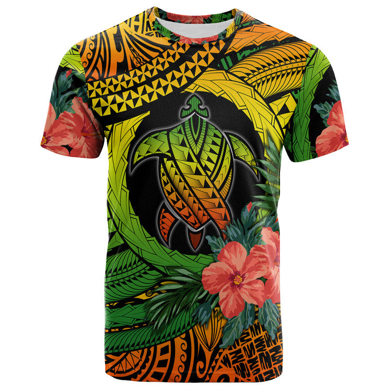 Kids turtle graphic T-shirt in green, yellow, black, and orange with flower accents