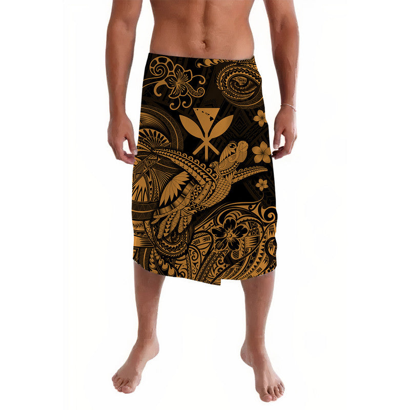 Gold and black Polynesian patterned lavalava sarong with tropical motifs