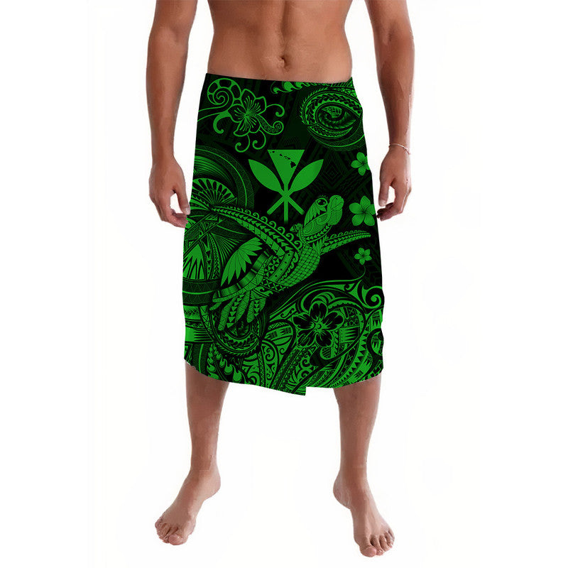 Green Polynesian print lavalava wrap skirt with tropical turtle and tiki motifs