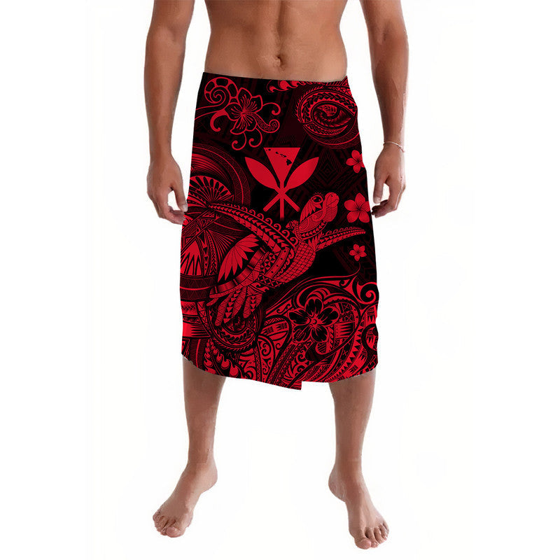 Red black lava lava wrap skirt with bold Polynesian floral and geometric motifs
