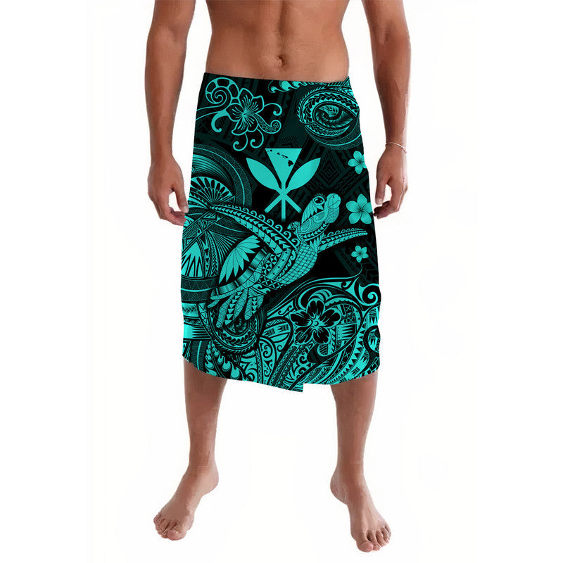 Turquoise lavalava sarong with black base and Polynesian turtle map pattern