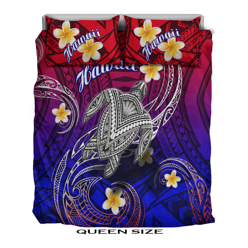 Queen size gradient Hawaiian turtle & plumeria comforter with two red 'Hawaii' pillows
