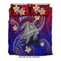 Queen size gradient Hawaiian turtle & plumeria comforter with two red 'Hawaii' pillows