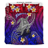 King size gradient Hawaiian turtle & plumeria comforter with two red 'Hawaii' pillows