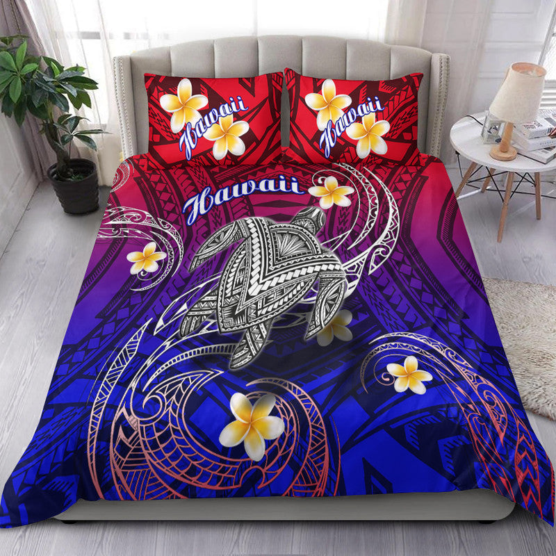 Gradient Hawaiian turtle & plumeria comforter with two red 'Hawaii' pillows