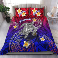 Gradient Hawaiian turtle & plumeria comforter with two red 'Hawaii' pillows