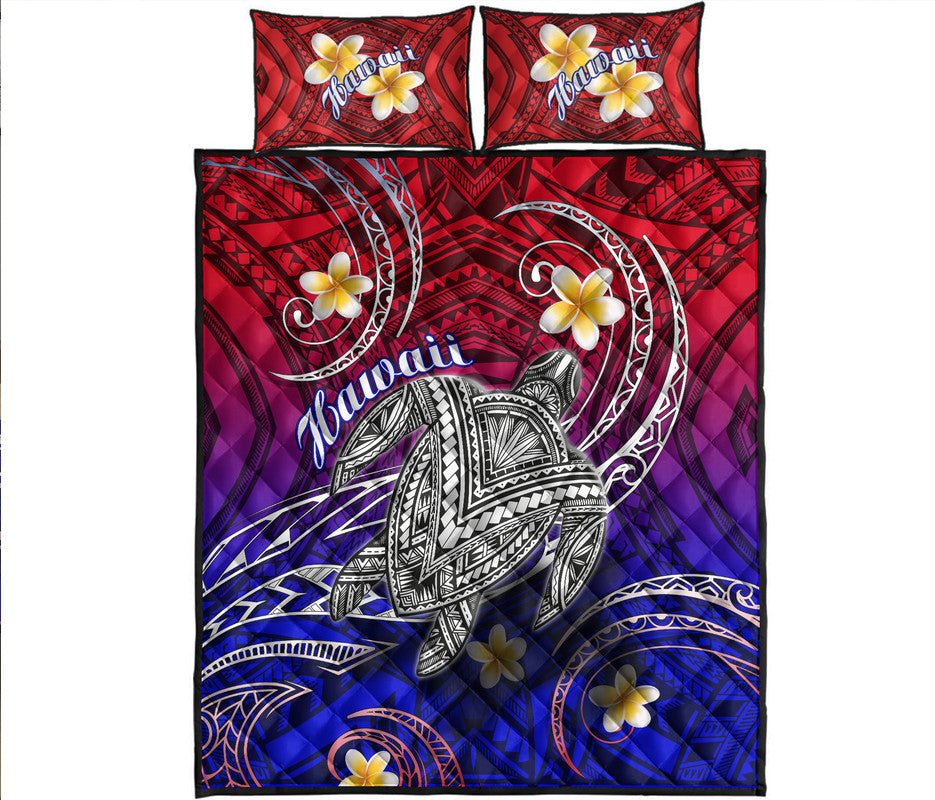 Hawaiian quilt bed set with turtle and plumeria prints, red-purple-blue gradient, with pillows
