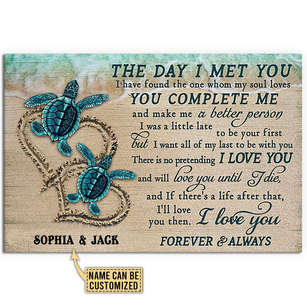 Horizontal love poster with teal sea turtles, romantic quote text, and name fields