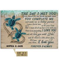 Horizontal love poster with teal sea turtles, romantic quote text, and name fields
