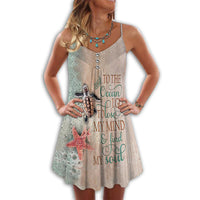 Women’s summer dress with thin straps, button front, sea turtle and starfish print
