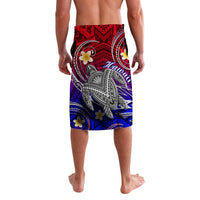 Hawaiian lava lava skirt with turtle and plumeria print, red purple and blue