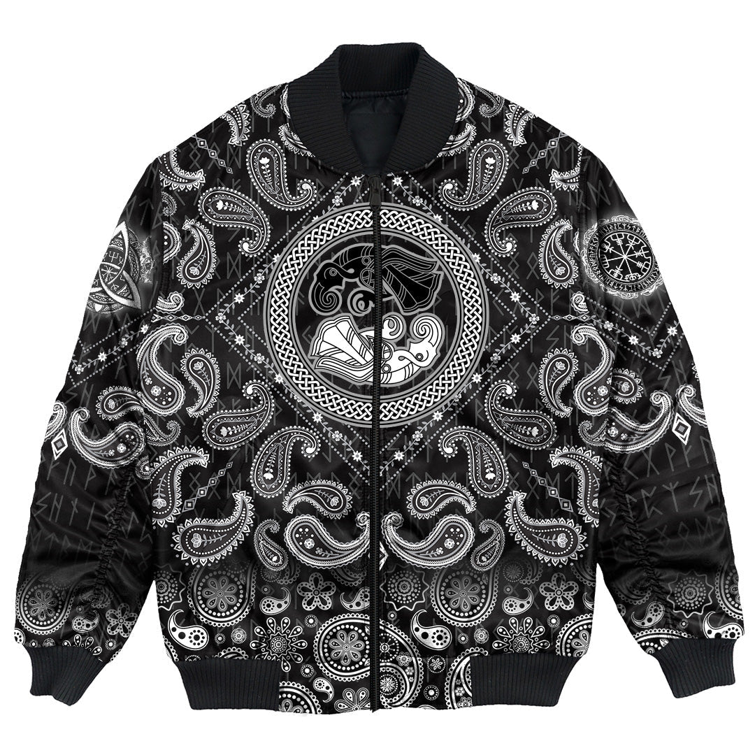 Viking Bomber Jacket Two Ravens Of The God Odin In Scandinavian Style with Bandana Paisley Style RLT12 - Wonder Print Shop