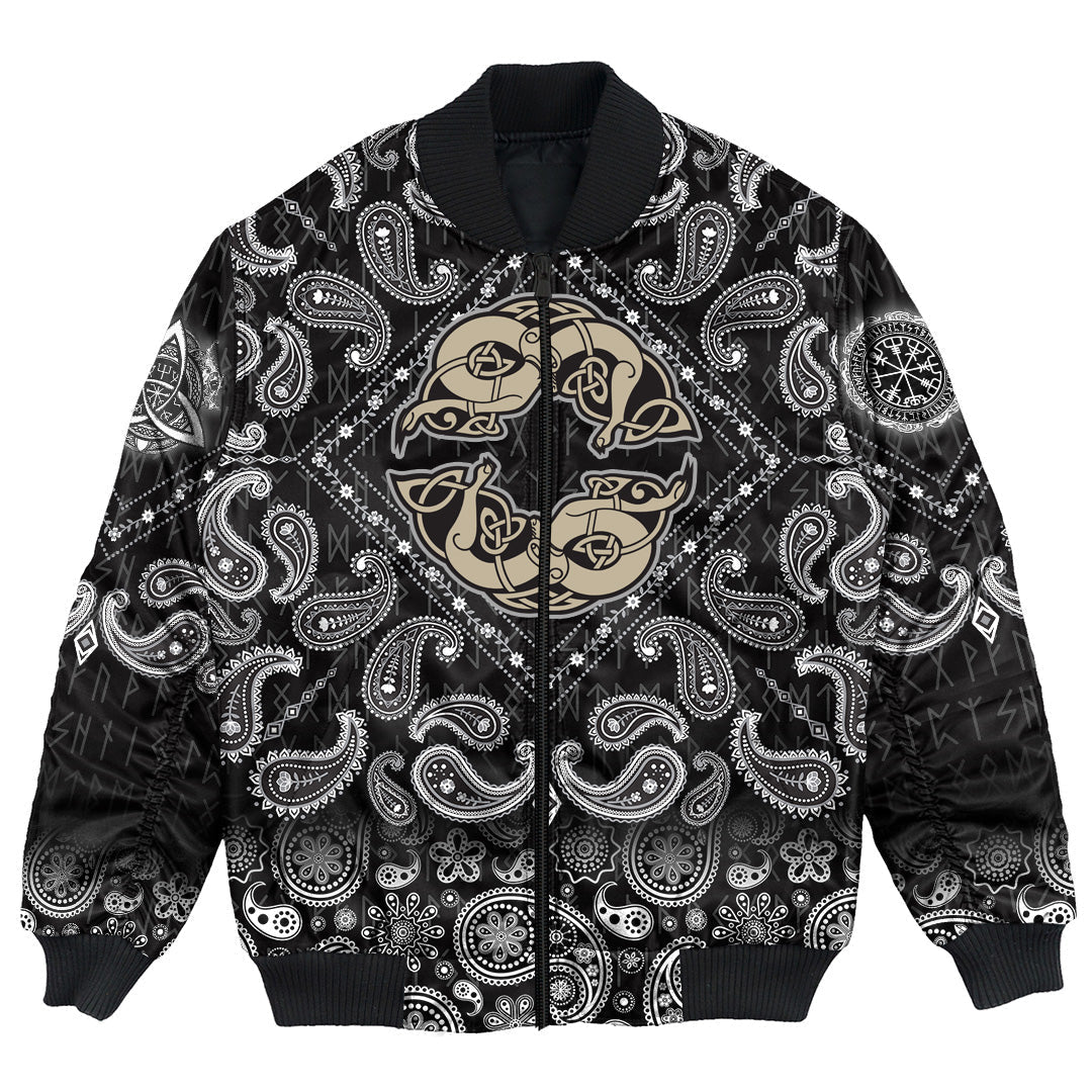 Viking Bomber Jacket Two Wolves Of Odin Geri and Freki Scandinavian and Celtic Style with Bandana Paisley Style RLT12 - Wonder Print Shop