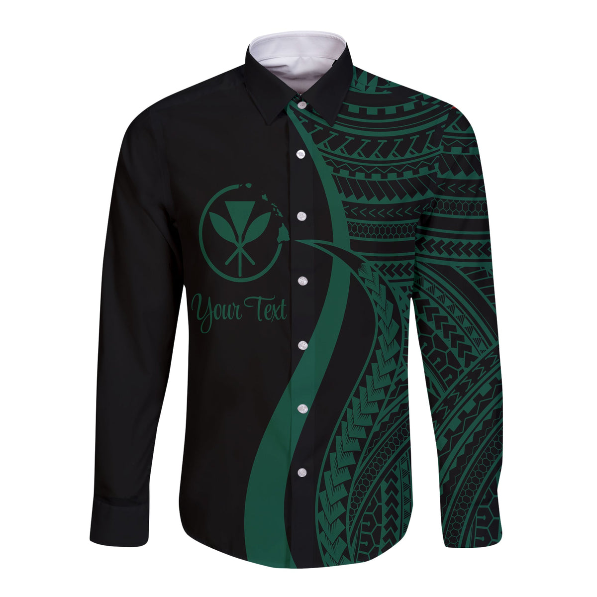 Long-sleeve button shirt with green tribal tentacle print on dark