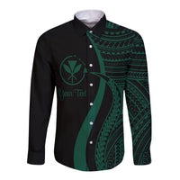 Long-sleeve button shirt with green tribal tentacle print on dark