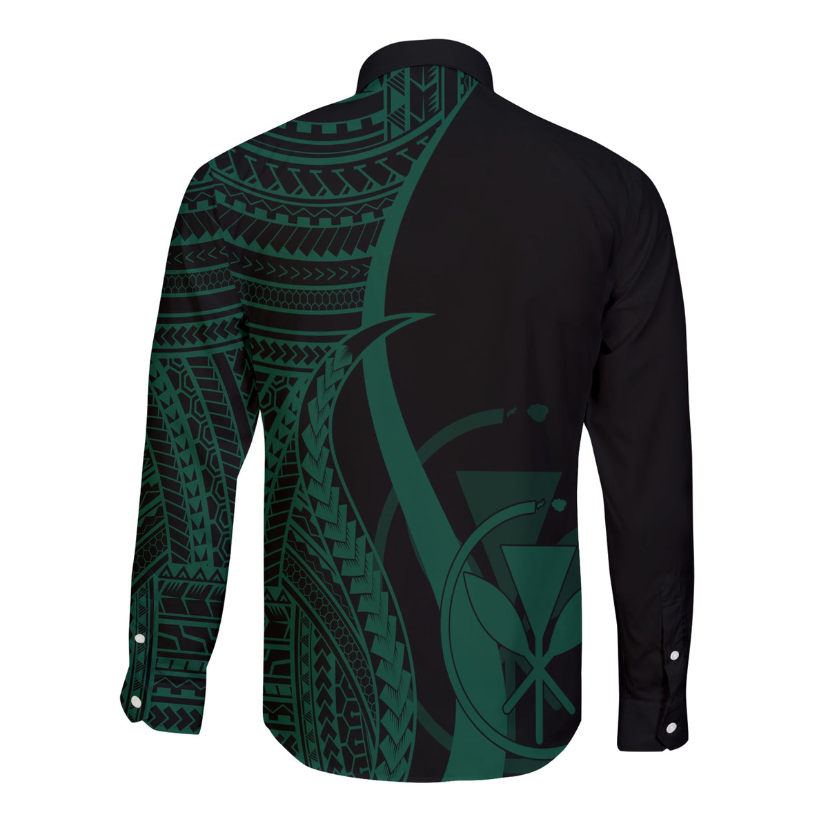 Long-sleeve button shirt back view, dark with green tentacle tribal print
