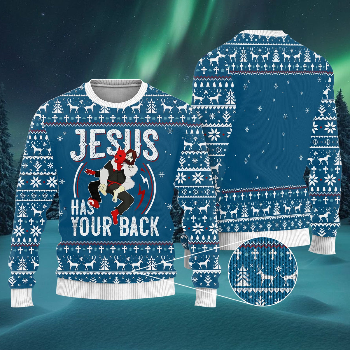 Blue jiu jitsu ugly Christmas sweater with 'Jesus has your back' graphic