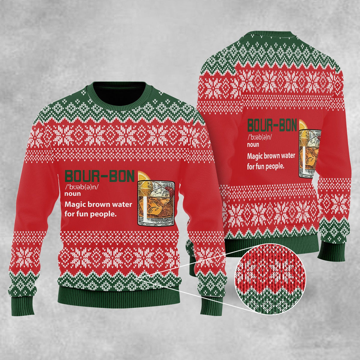 Ugly Christmas sweater in red with green knit cuffs and white fair isle pattern, Bourbon logo