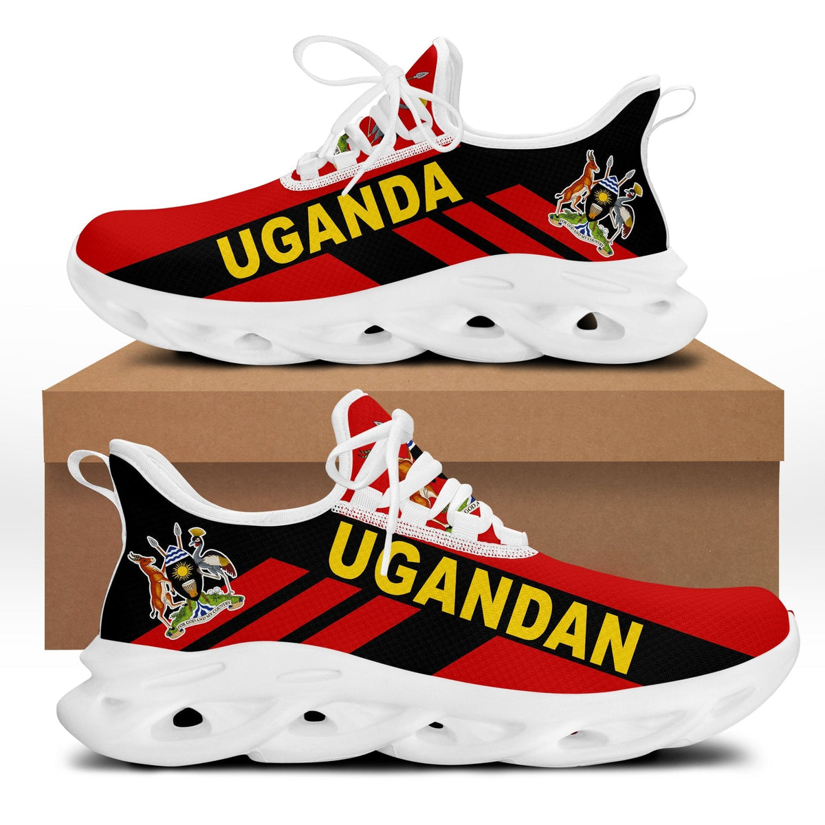 Clunky sneakers with Uganda print, red/black upper and white sole