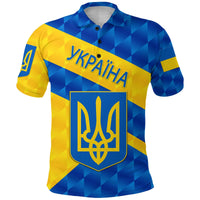 Ukraine polo shirt, blue and yellow check graphic with crest on the front
