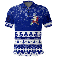 Blue winter polo with unicorn on star, snowflake print and patterned hem stripes
