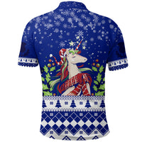 Blue winter polo back with unicorn in foliage, snowflake print and diamond hem band