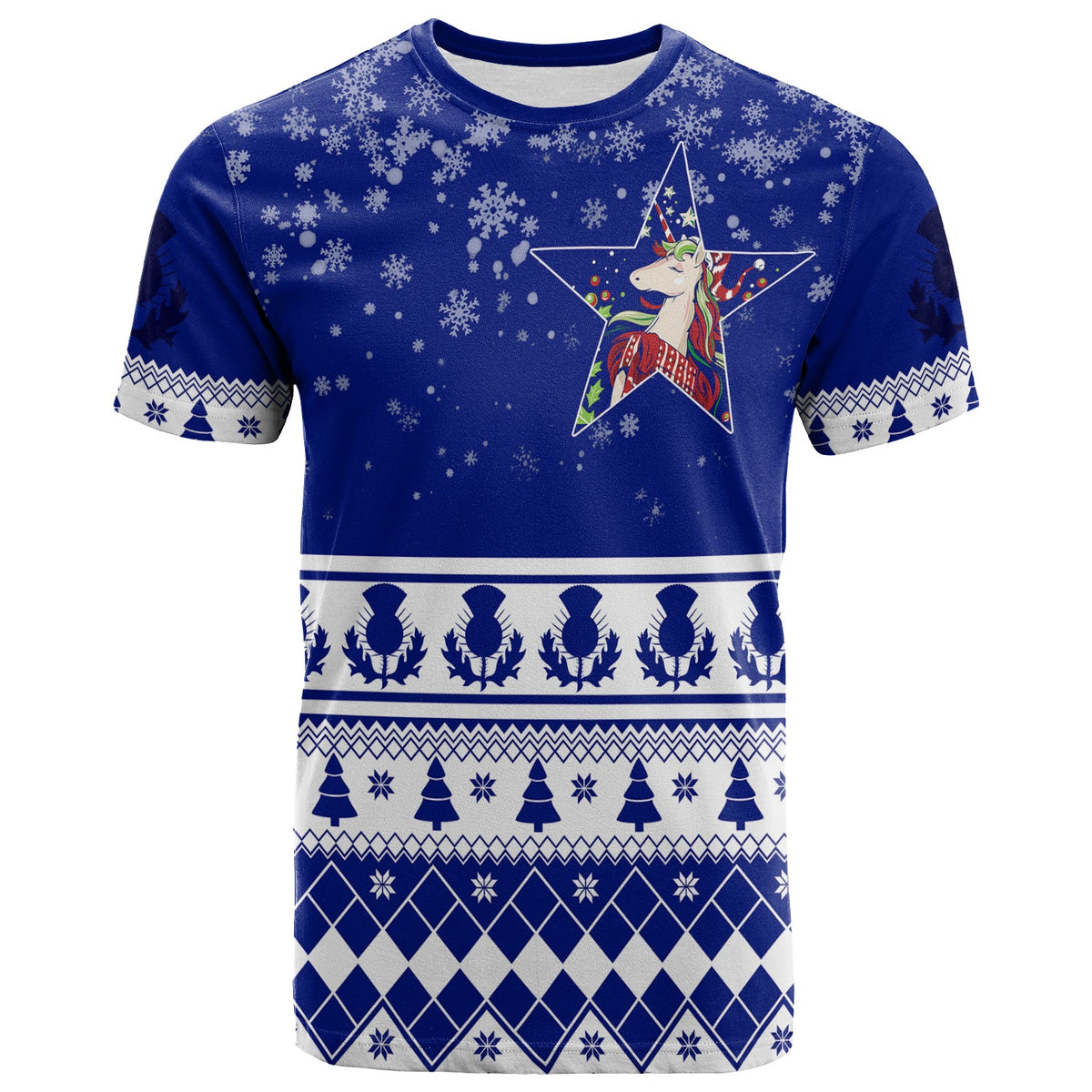Blue winter unicorn and thistle T-shirt, star graphic with snowflake and argyle bands