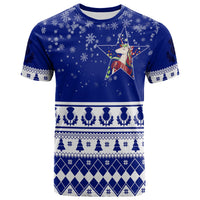 Blue winter unicorn and thistle T-shirt, star graphic with snowflake and argyle bands