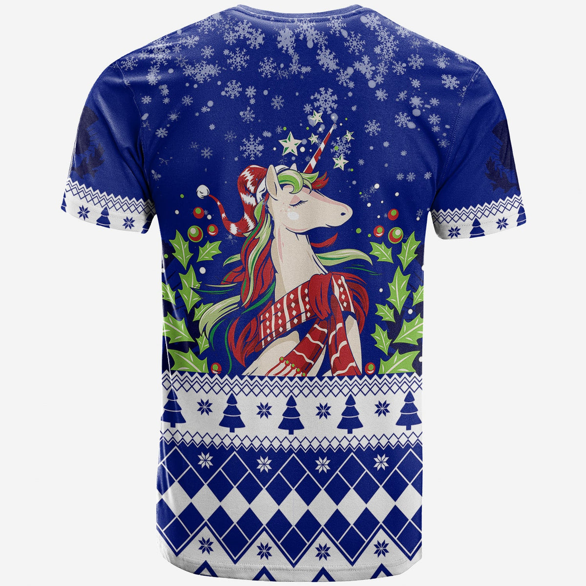 Blue winter T-shirt back, unicorn portrait with snowflakes, holly leaves and diamond bands