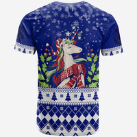 Blue winter T-shirt back, unicorn portrait with snowflakes, holly leaves and diamond bands