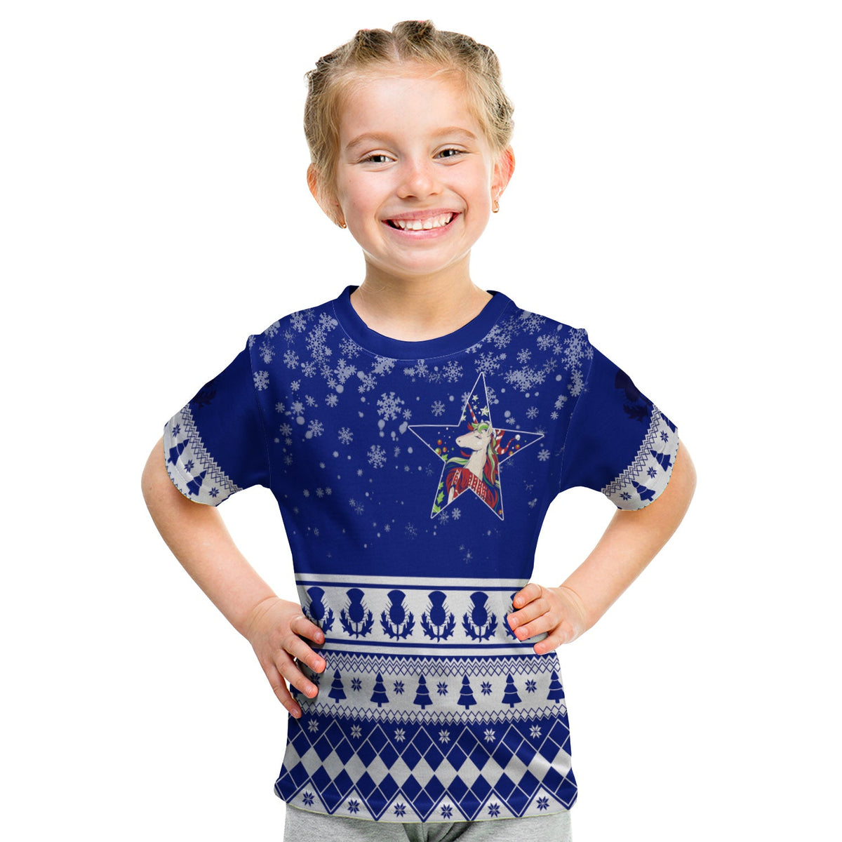 Kids blue winter unicorn T-shirt with star and thistle-style pattern bands