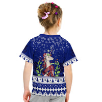Kids blue winter unicorn T-shirt, back print with star and argyle-pattern border