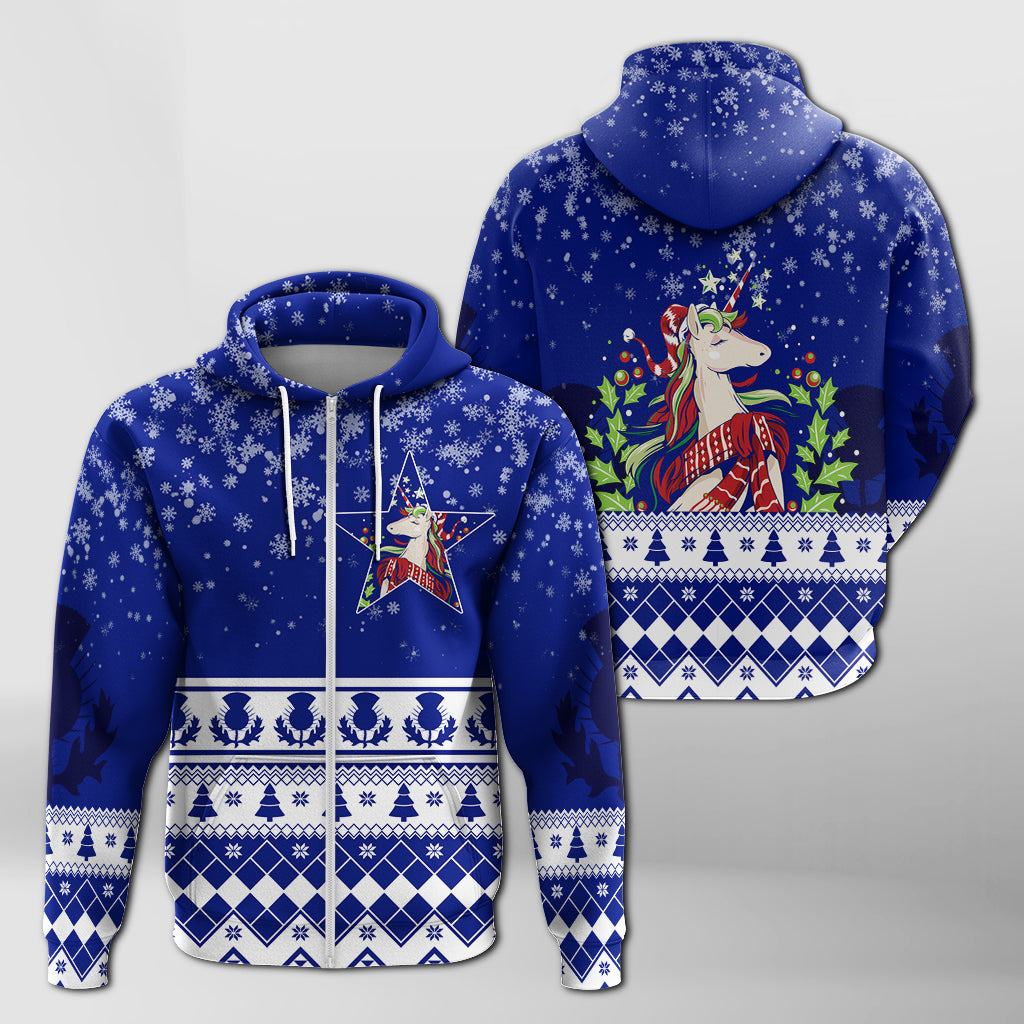 Christmas Scottish Unicorn Zip Hoodie with Thistle Pattern - Wonder Print Shop