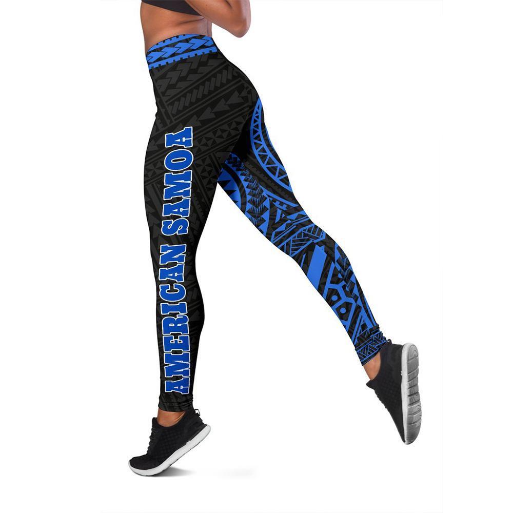 Leggings: bold blue “AMERICAN SAMOA 1ST” text on black geometric print