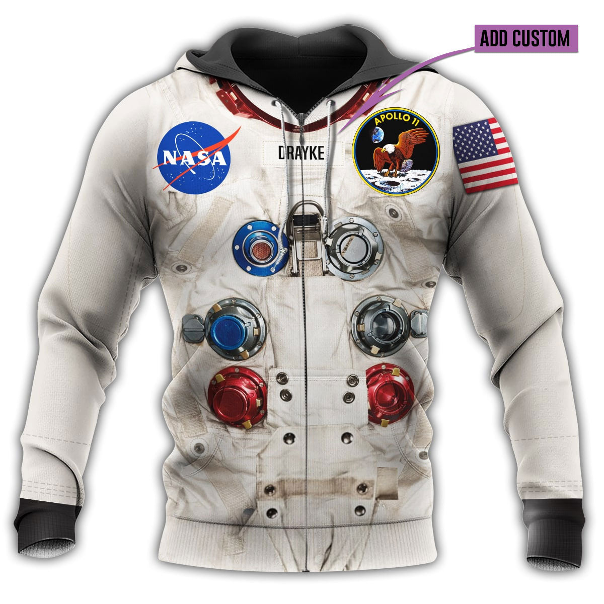 Astronaut graphic zip hoodie, white with NASA patch, hood and astronaut panel art