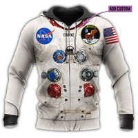 Astronaut graphic zip hoodie, white with NASA patch, hood and astronaut panel art