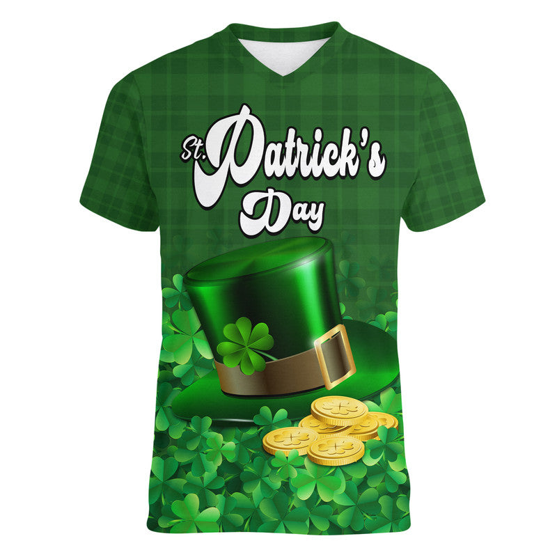 Custom St Patricks Day V Neck T Shirt Green Leprechaun Hat With Clover Leaf No2 - Wonder Print Shop