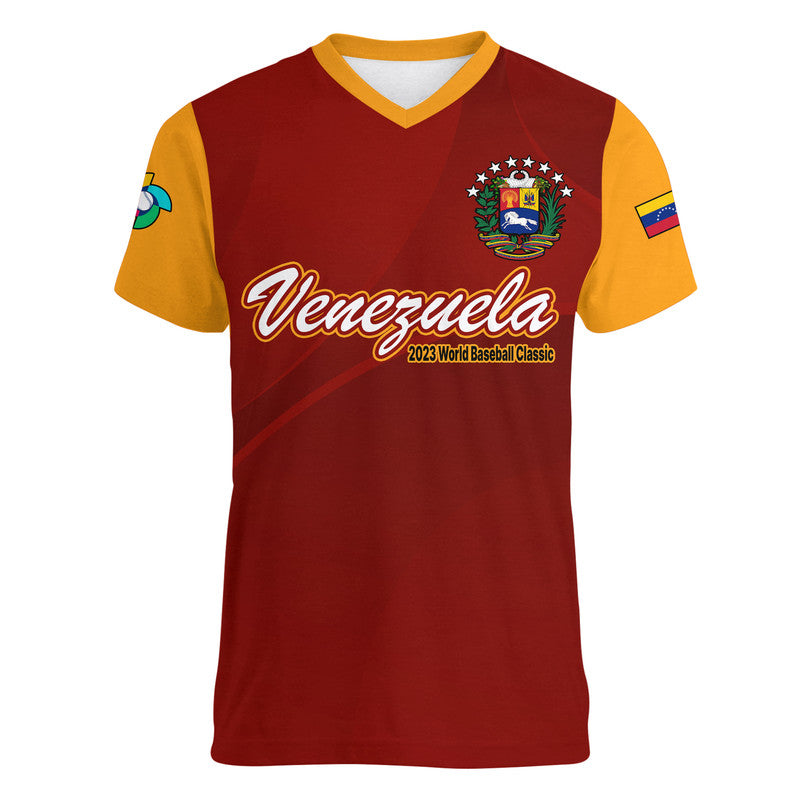 Custom Venezuela Baseball 2023 V Neck T Shirt Venezuela Coat Of Arms - Wonder Print Shop