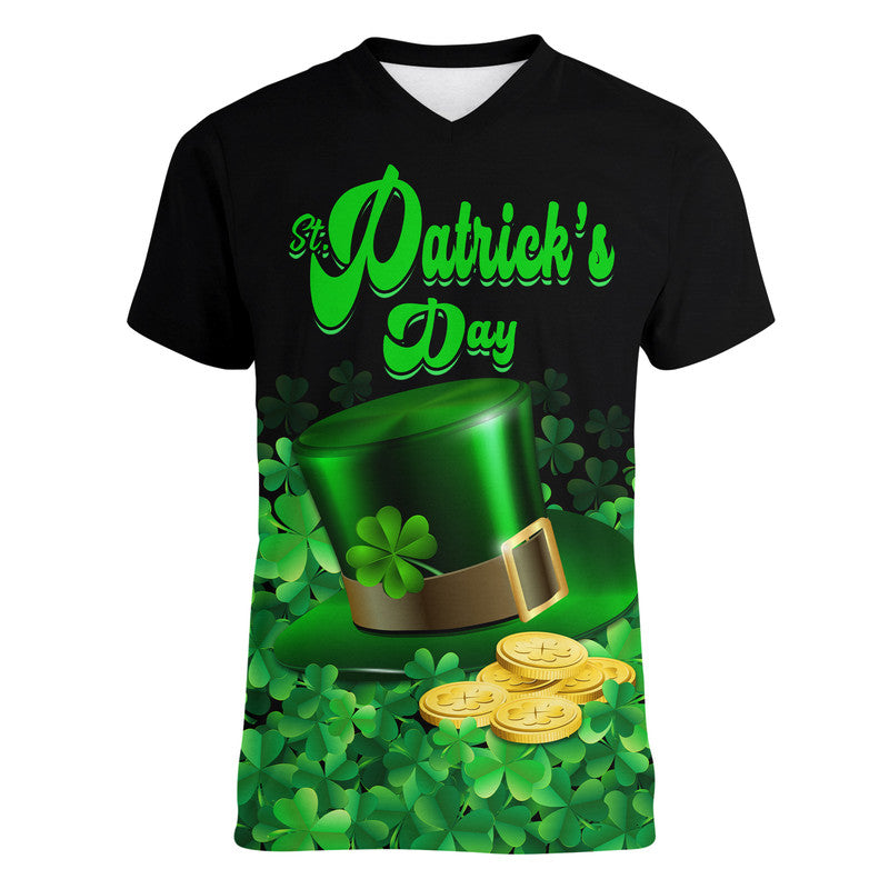 St Patricks Day V Neck T Shirt Green Leprechaun Hat With Clover Leaf - Wonder Print Shop