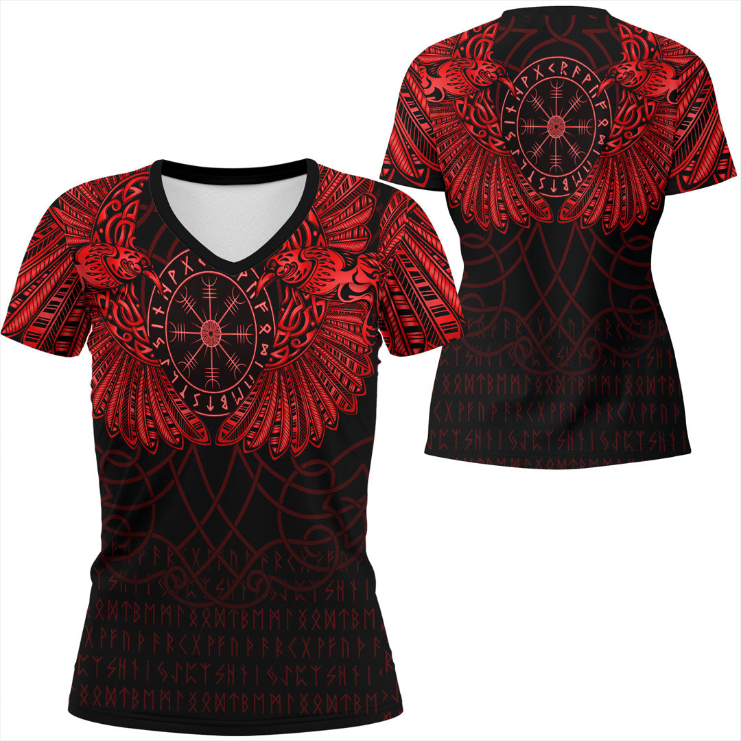 Viking Clothing Viking Odin's Celtic Two Ravens Red Version V Neck T shirt RLT12 - Wonder Print Shop