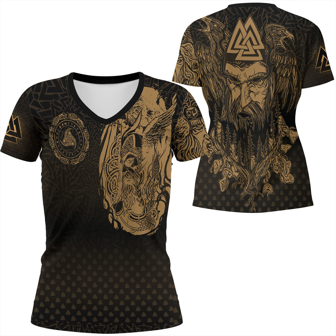 viking-clothing-viking-odin-raven-tattoo-style-gold-version-v-neck-t-shirt