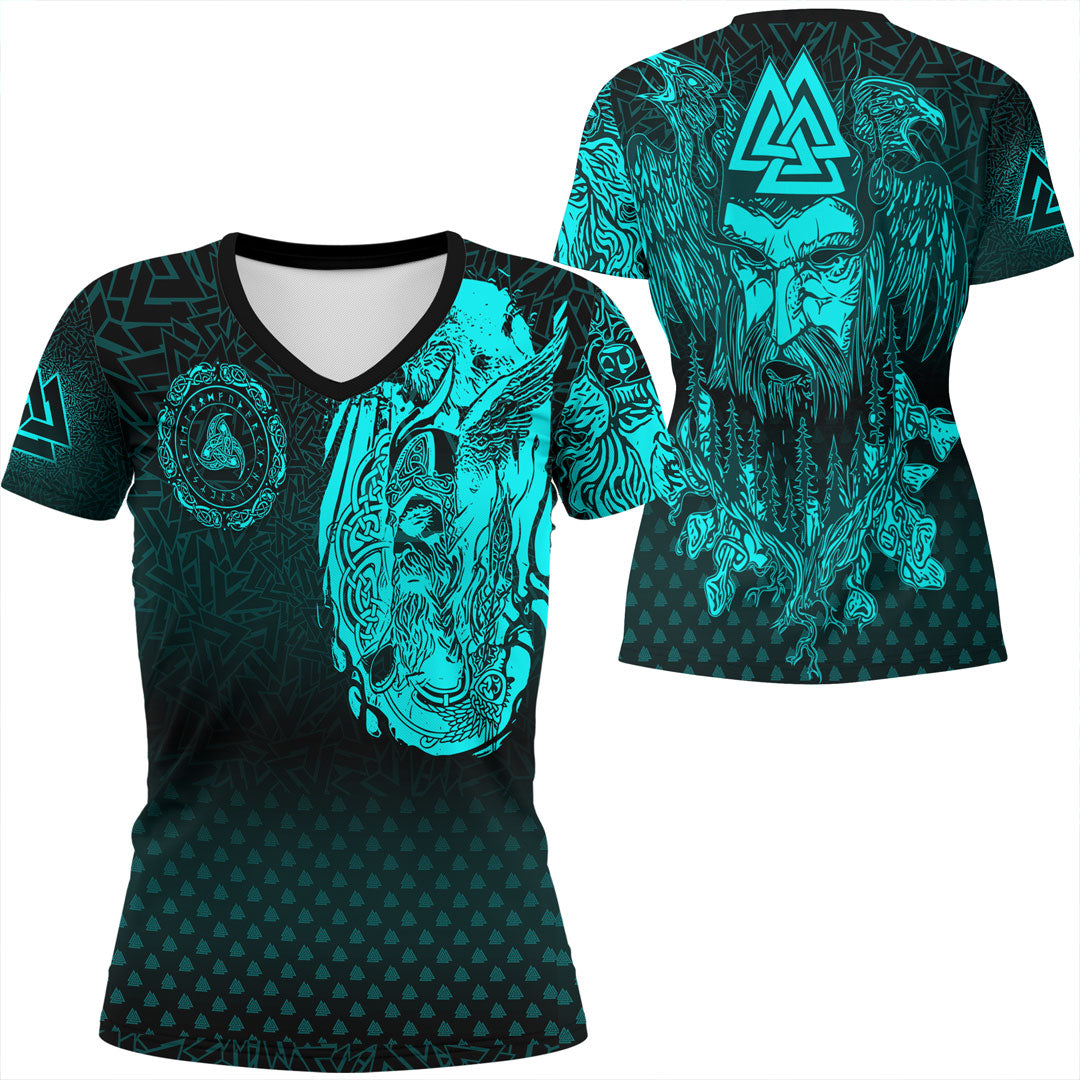 viking-clothing-viking-odin-raven-tattoo-style-cyan-version-v-neck-t-shirt