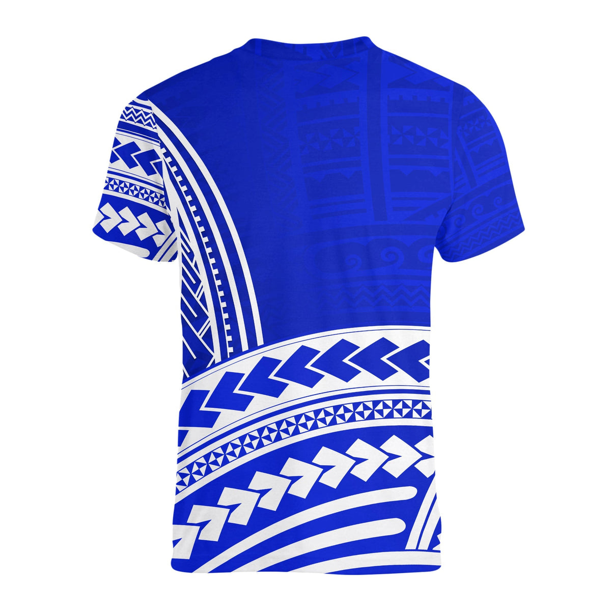 Blue V-neck school T-shirt, back view with bold tribal stripe print