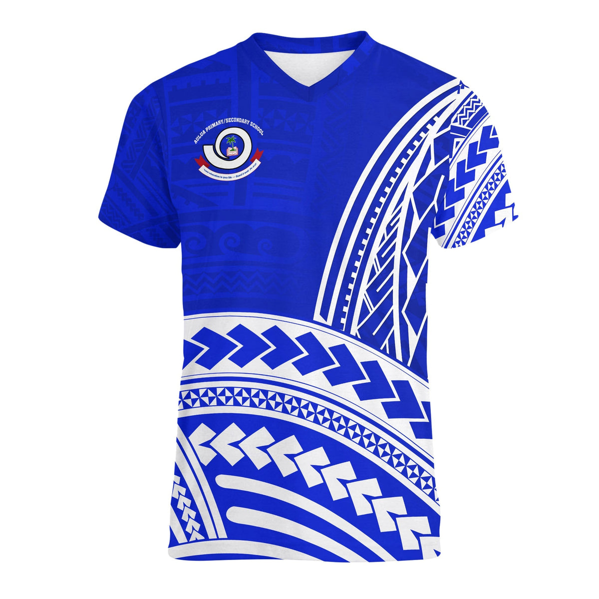 Blue V-neck school T-shirt with front tribal band print and crest logo