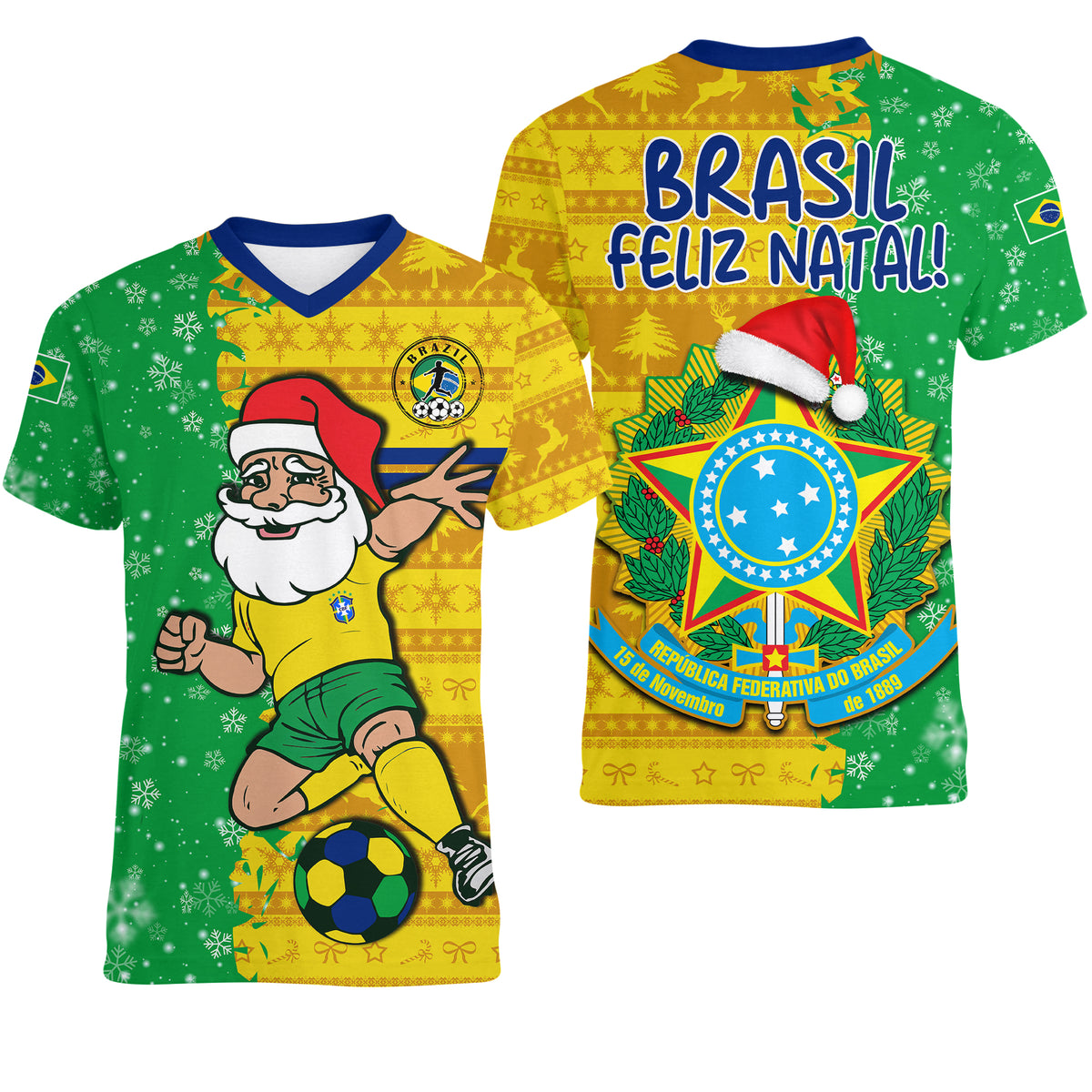 Brazil football V-neck T-shirt with blue trim, green/yellow Christmas Santa graphic